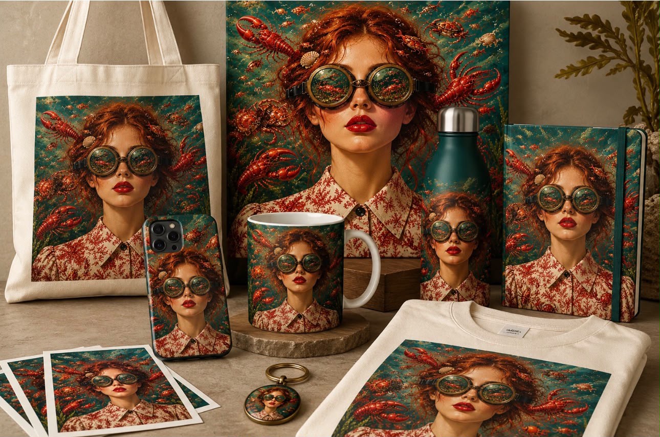 Fantasierijk portret met ronde zonnebril en rode kreeften op een tas, mok, fles, notitieboek, telefoonhoesje, T-shirt en prints